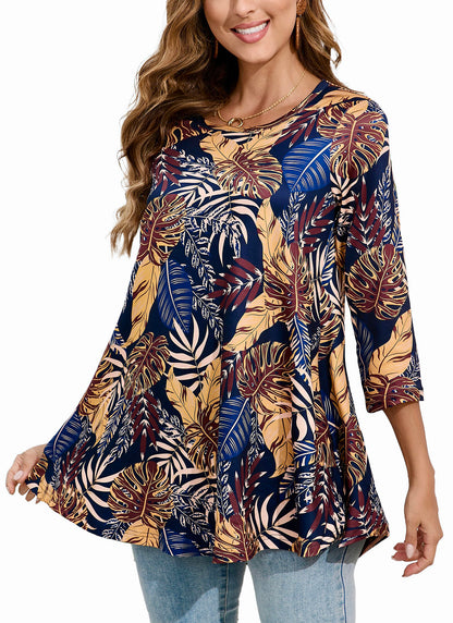 Womens Tunic Tops 3/4 Sleeve Plus Size Crew Neck Swing Flare Loose Fit T-Shirt Blouses to Wear with Leggings Plus Size Tops Navy Yellow Leaf