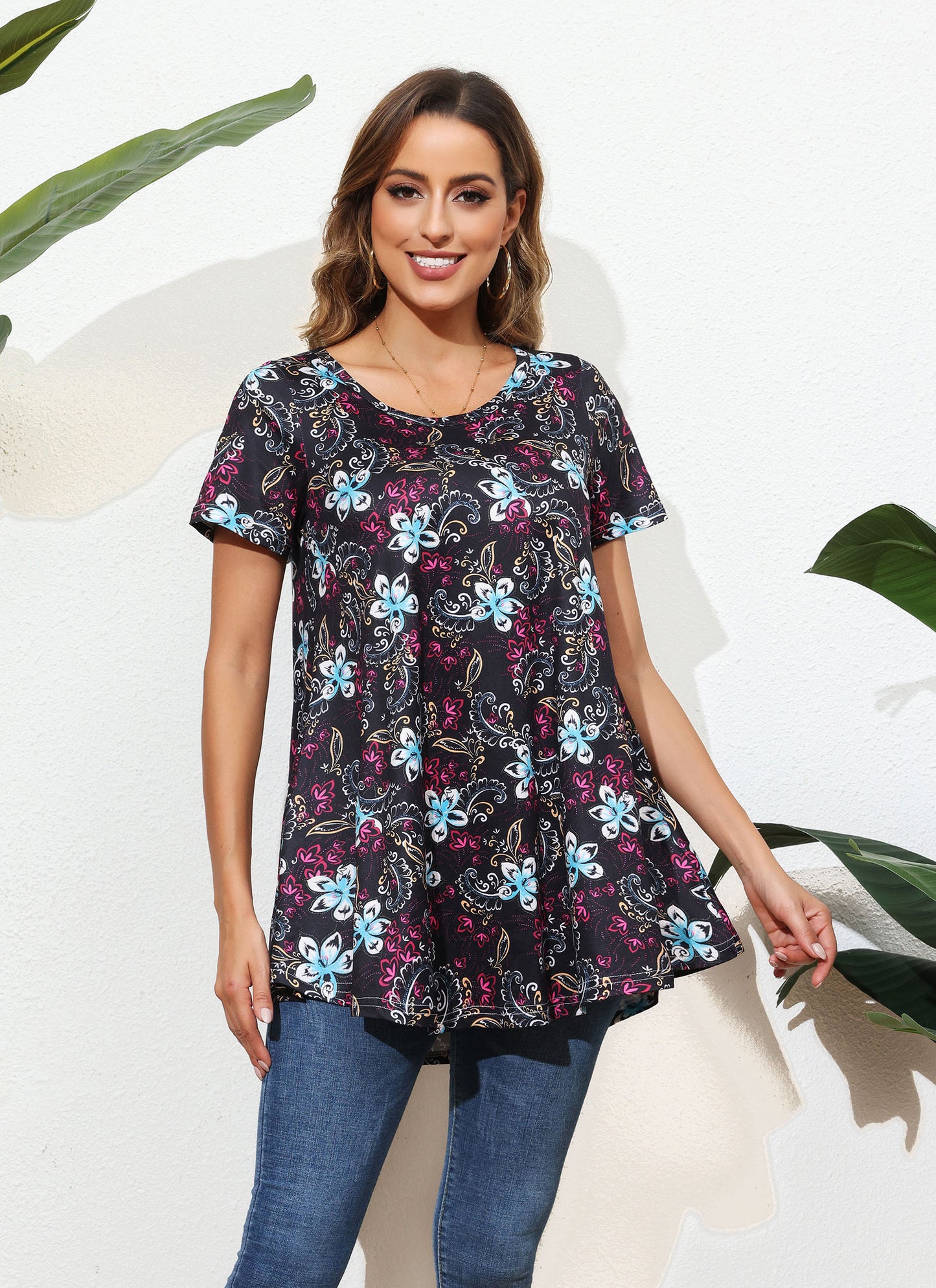 Tunic Tops for Women Plus Size Short Sleeve Crew Neck Swing Flare Loose T-Shirt Blouses to Wear with Leggings B6 SATXBF