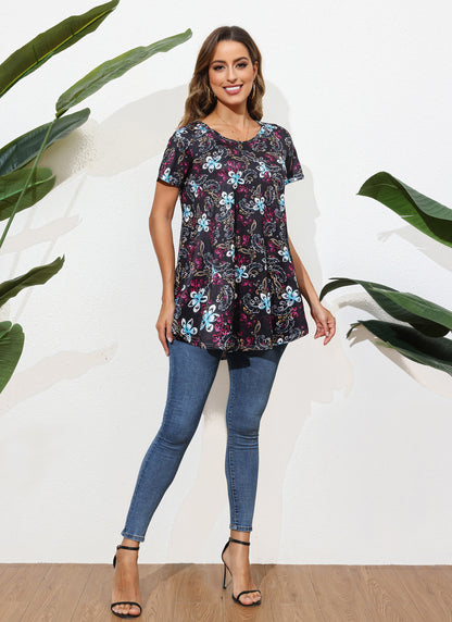 Tunic Tops for Women Plus Size Short Sleeve Crew Neck Swing Flare Loose T-Shirt Blouses to Wear with Leggings B6 SATXBF