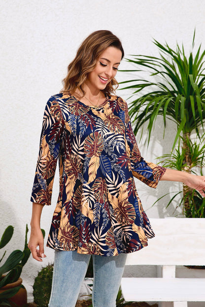 Womens Tunic Tops 3/4 Sleeve Plus Size Crew Neck Swing Flare Loose Fit T-Shirt Blouses to Wear with Leggings Plus Size Tops Navy Yellow Leaf