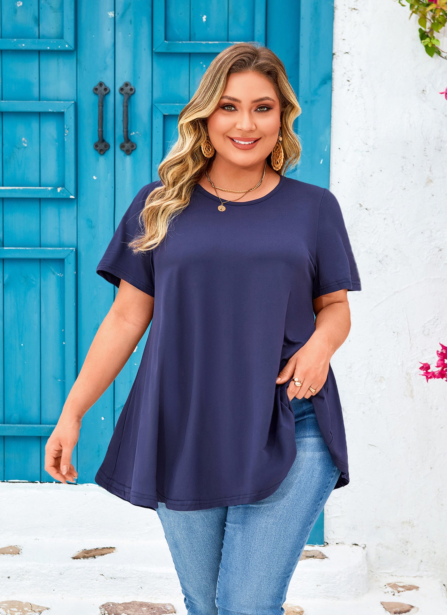 Womens Plus Size Tops Short Sleeve Swing Flare Flowy Tunic Loose Fit Summer Casual Blouses to Wear with Leggings Navy Blue Tunics Tops