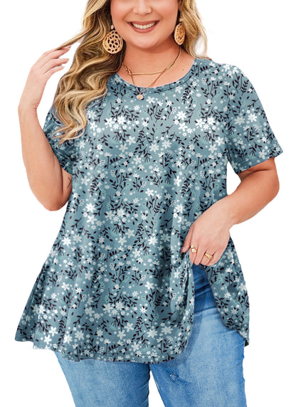Womens Plus Size Tops Short Sleeve Swing Flare Flowy Tunic Loose Fit Summer Casual Blouses to Wear with Leggings Teals White Tops