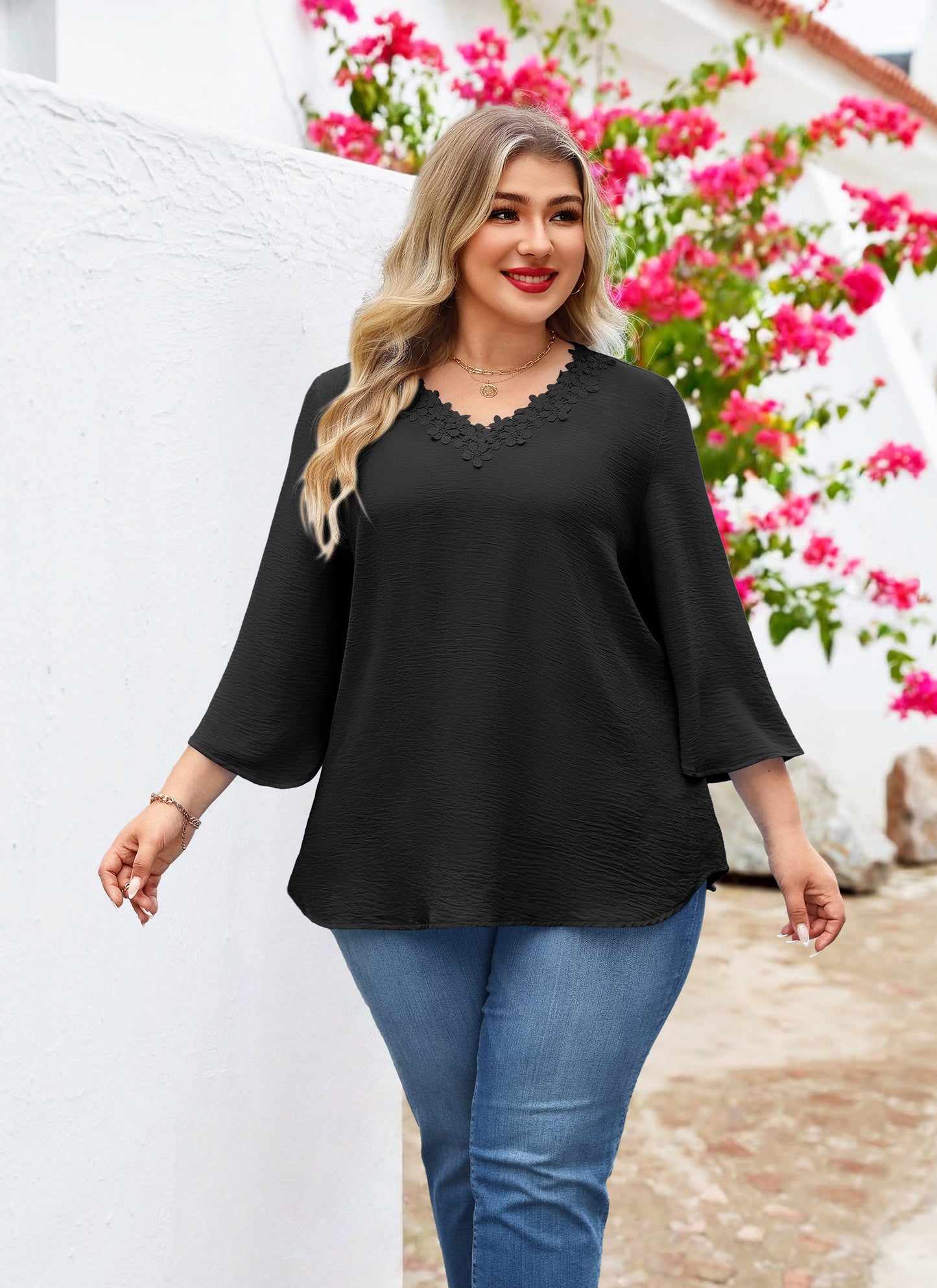 Womens Plus Size Blouses Dressy Casual 3/4 Sleeve Elegant V Neck Floral Trim Ladies Tunics Tops Black