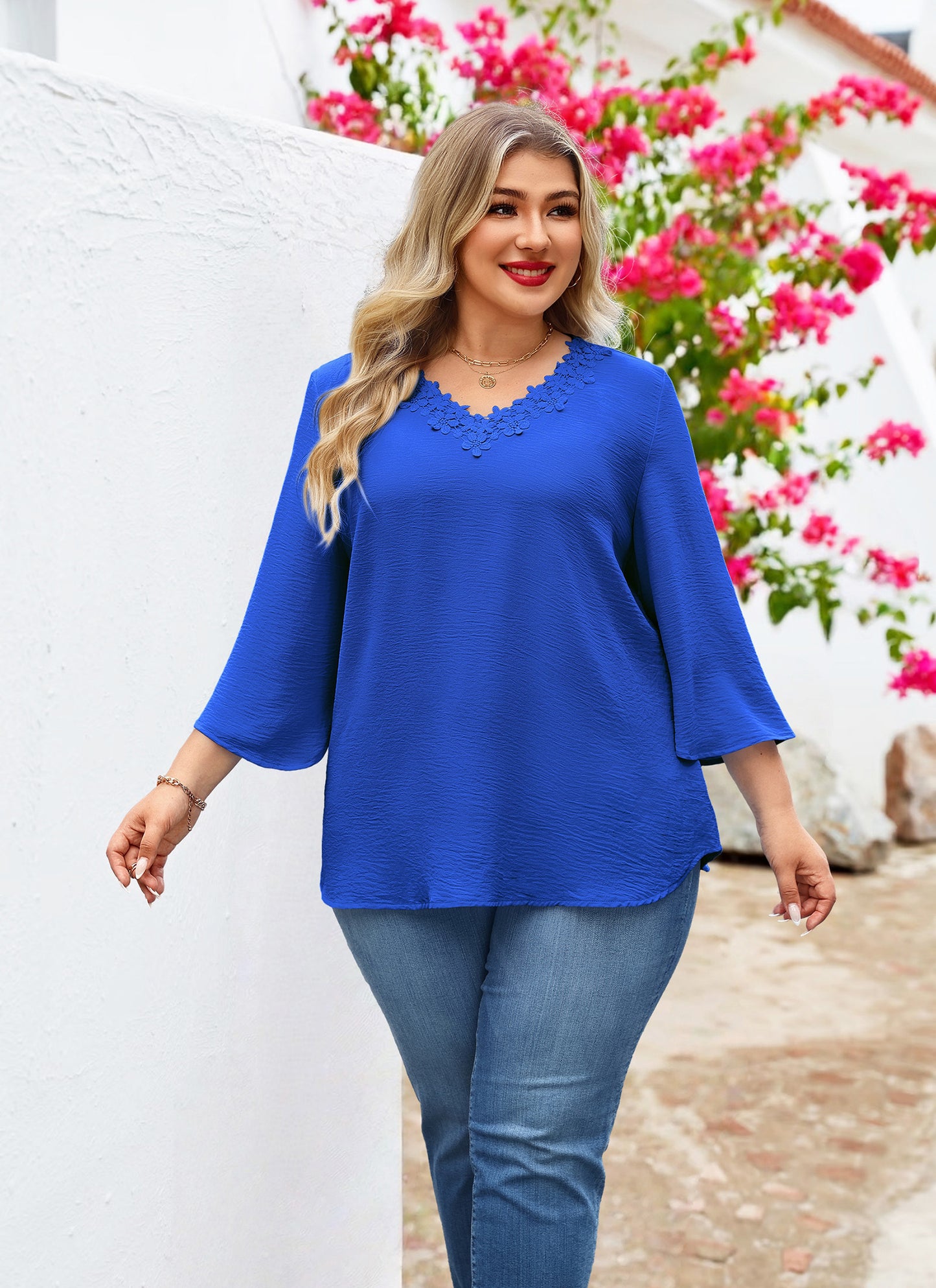 Womens Plus Size Blouses Dressy Casual 3/4 Sleeve Elegant V Neck Floral Trim Ladies Tunics Tops Royal Blue