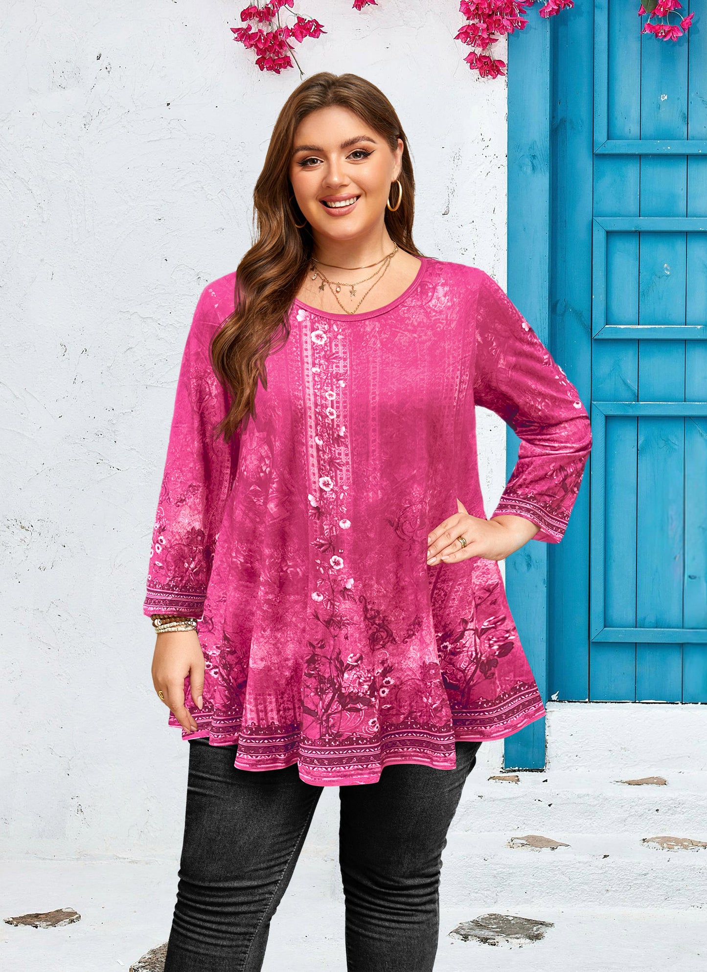 Womens Tunic 3/4 Sleeve Plus Size Tops Crew Neck Swing Flowy Loose Fit T-Shirt Blouses to Wear with Leggings Hot Pink Floral Tunic