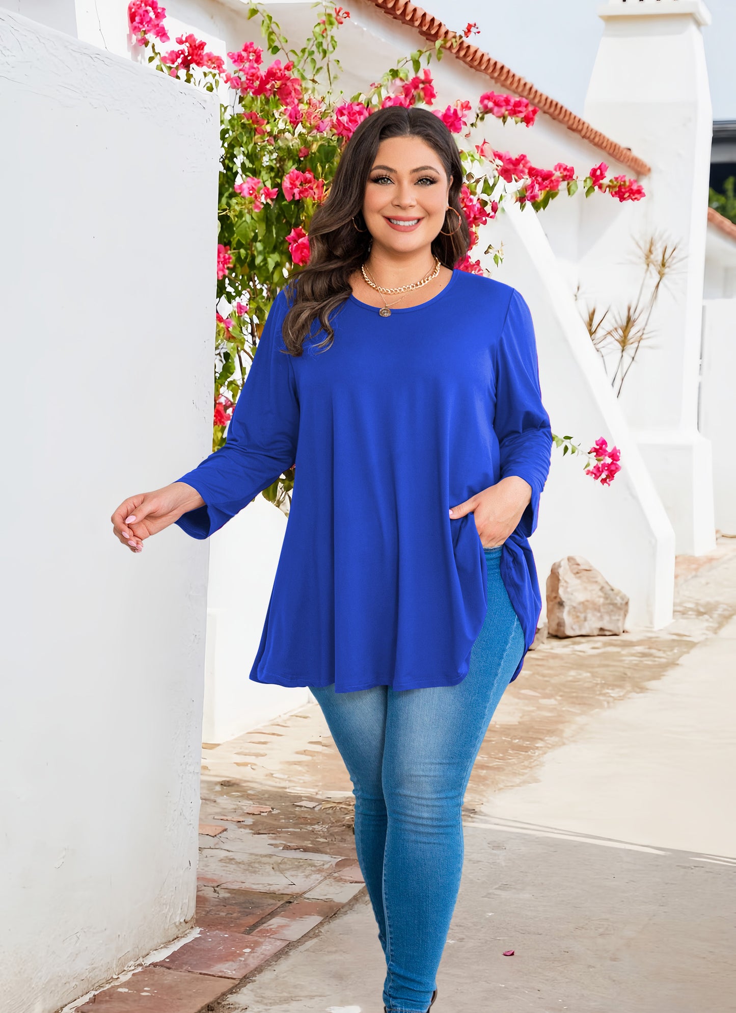 Womens Tunic Tops 3/4 Sleeve Plus Size Crew Neck Swing Flare Loose Fit T-Shirt Blouses to Wear with Leggings Tunic Royal Blue