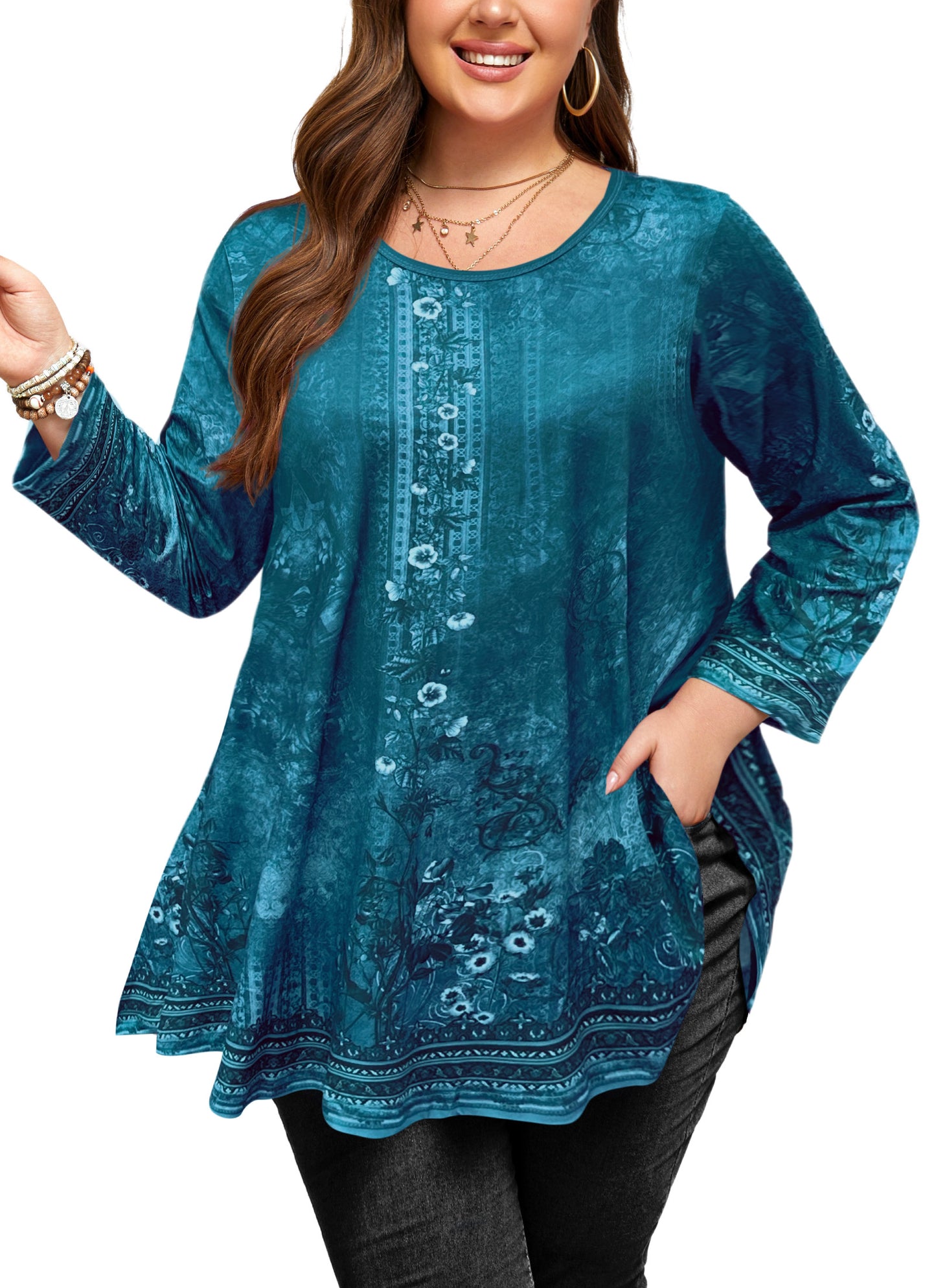 Womens Tunic 3/4 Sleeve Plus Size Tops Crew Neck Swing Flowy Loose Fit T-Shirt Blouses to Wear with Leggings Teals Floral Tunics