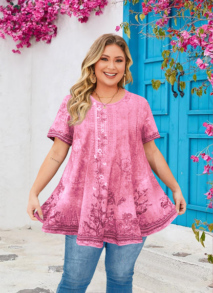 Womens Plus Size Tops Short Sleeve Swing Flare Flowy Tunic Loose Fit Summer Casual Blouses to Wear with Leggings I