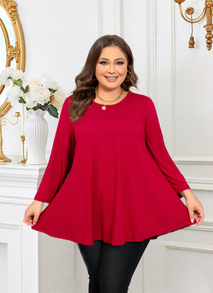 Womens Tunic Tops 3/4 Sleeve Plus Size Crew Neck Swing Flare Loose Fit T-Shirt Blouses to Wear with Leggings Tunic Tops Red