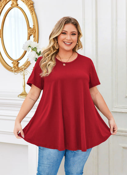 Tunic Tops for Women Plus Size Short Sleeve Crew Neck Swing Flare Loose T-Shirt Blouses to Wear with Leggings Plus Size Red Tops Tunics