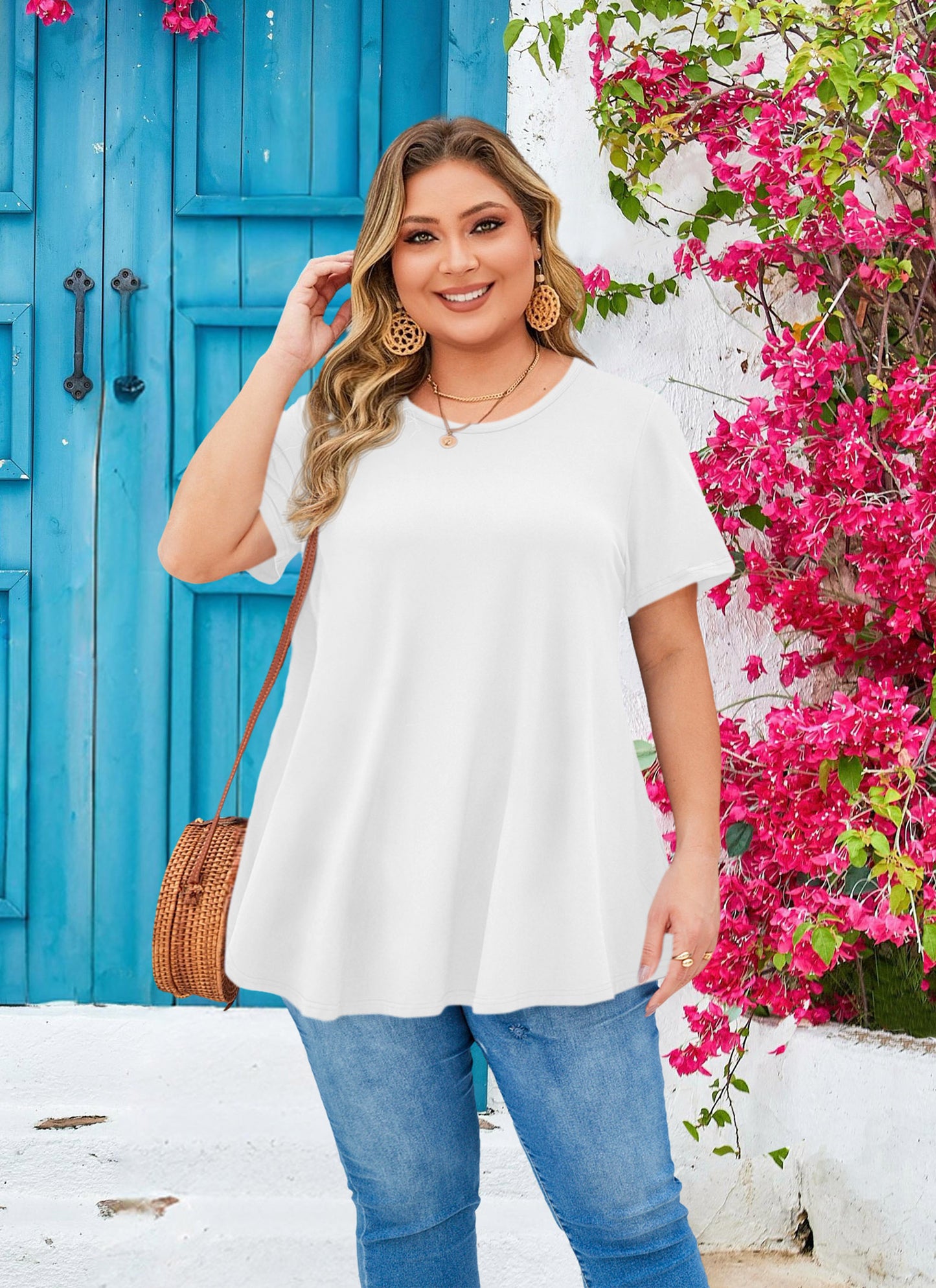 Tunic Tops for Women Plus Size Short Sleeve Crew Neck Swing Flare Loose T-Shirt Blouses to Wear with Leggings B2 SATXW