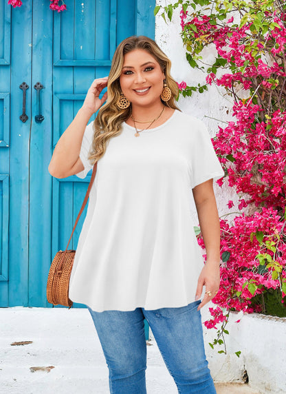 Tunic Tops for Women Plus Size Short Sleeve Crew Neck Swing Flare Loose T-Shirt Blouses to Wear with Leggings B2 SATXW