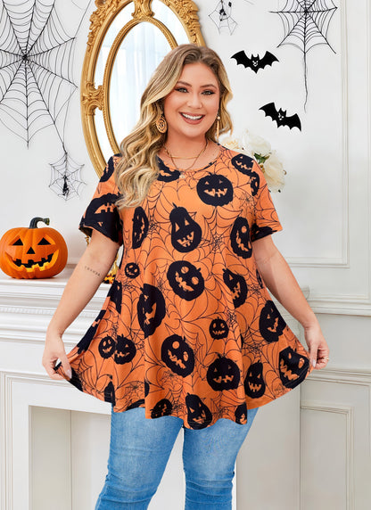 Tunic Tops for Women Plus Size Short Sleeve Crew Neck Swing Flare Loose T-Shirt Blouses to Wear with Leggings Halloween Tops Black Yellow