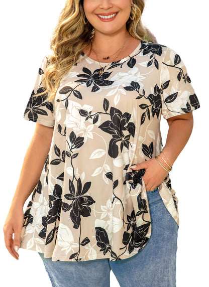 Tunic Tops for Women Plus Size Short Sleeve Crew Neck Swing Flare Loose T-Shirt Blouses to Wear with Leggings Beige Black White Tunic