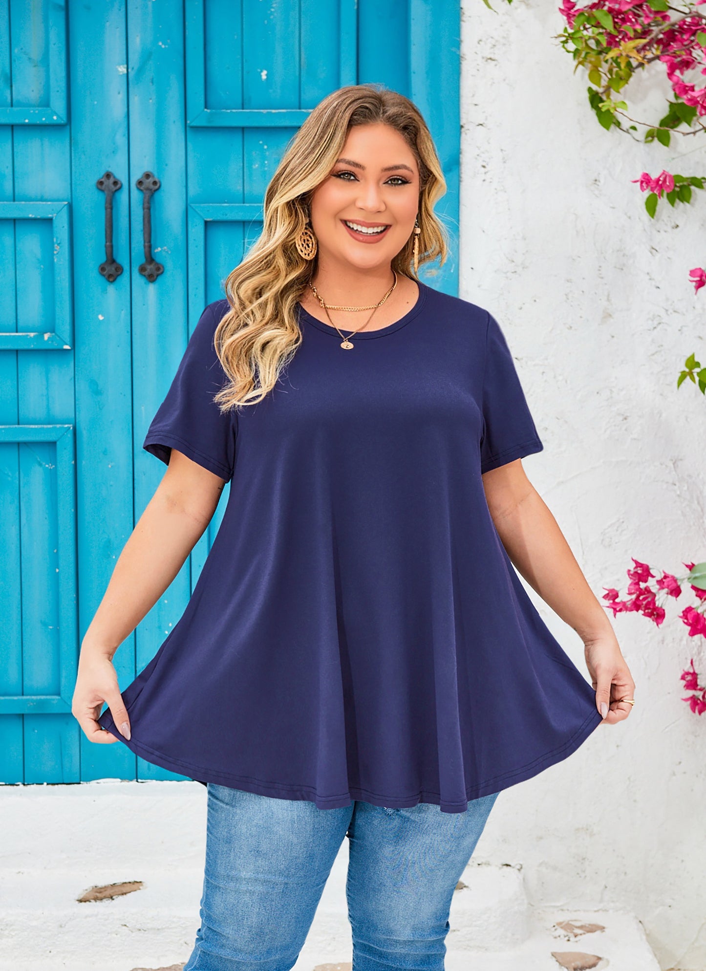 Womens Plus Size Tops Short Sleeve Swing Flare Flowy Tunic Loose Fit Summer Casual Blouses to Wear with Leggings Navy Blue Tunics Tops
