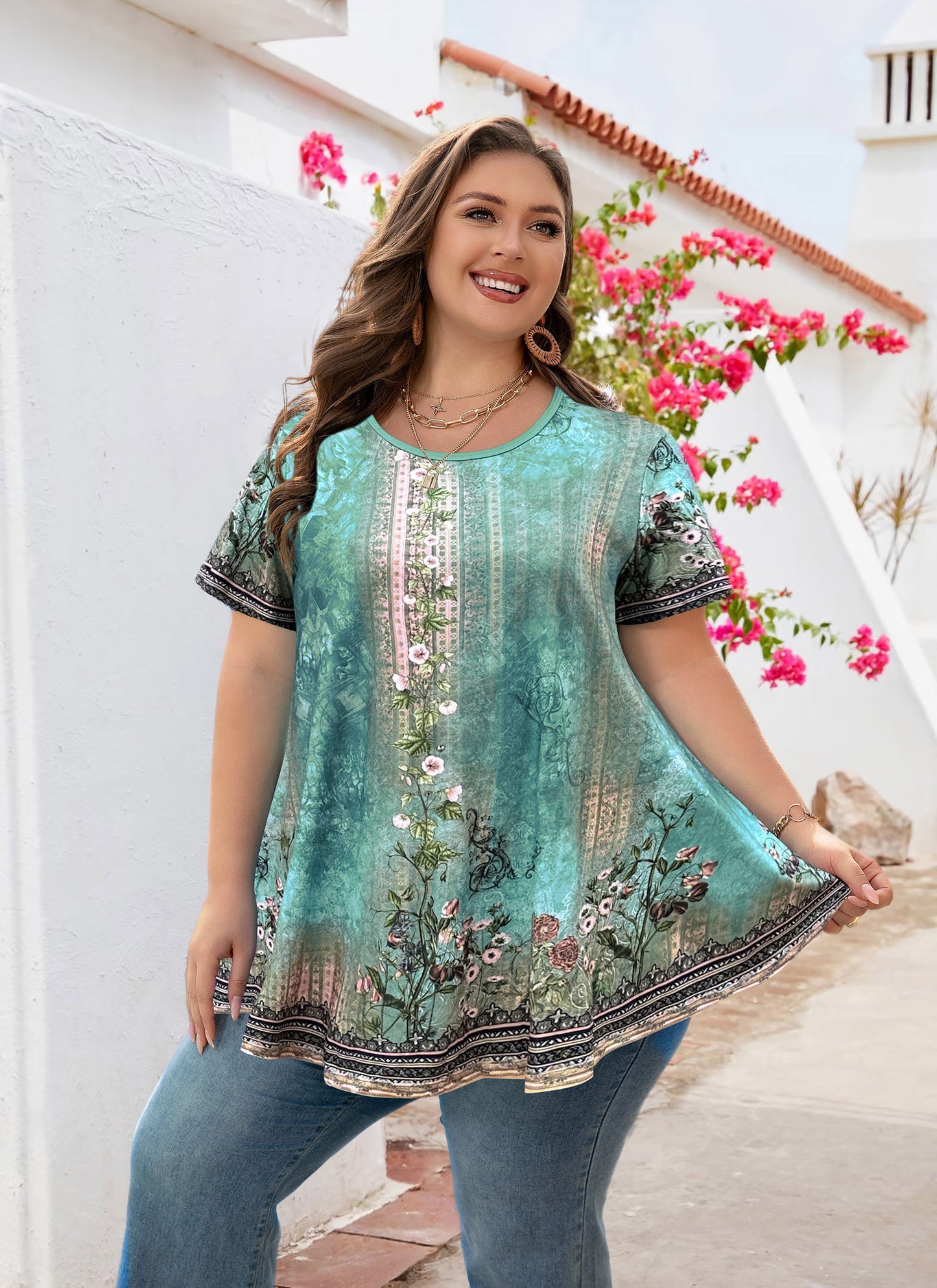 Tunic Tops for Women Plus Size Short Sleeve Crew Neck Swing Flare Loose T-Shirt Blouses to Wear with Leggings Green Floral Tunics Tops