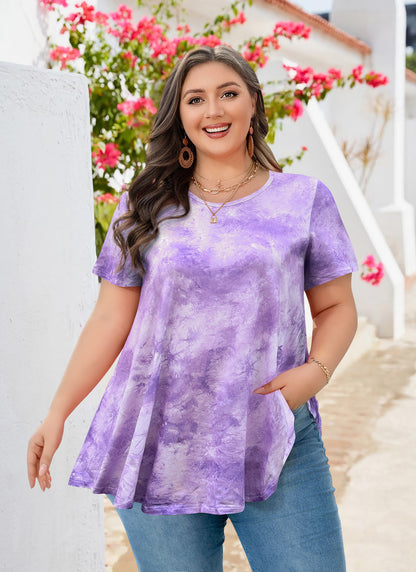 Tunic Tops for Women Plus Size Short Sleeve Crew Neck Swing Flare Loose T-Shirt Blouses to Wear with Leggings Lavender Tunic Tie Dye