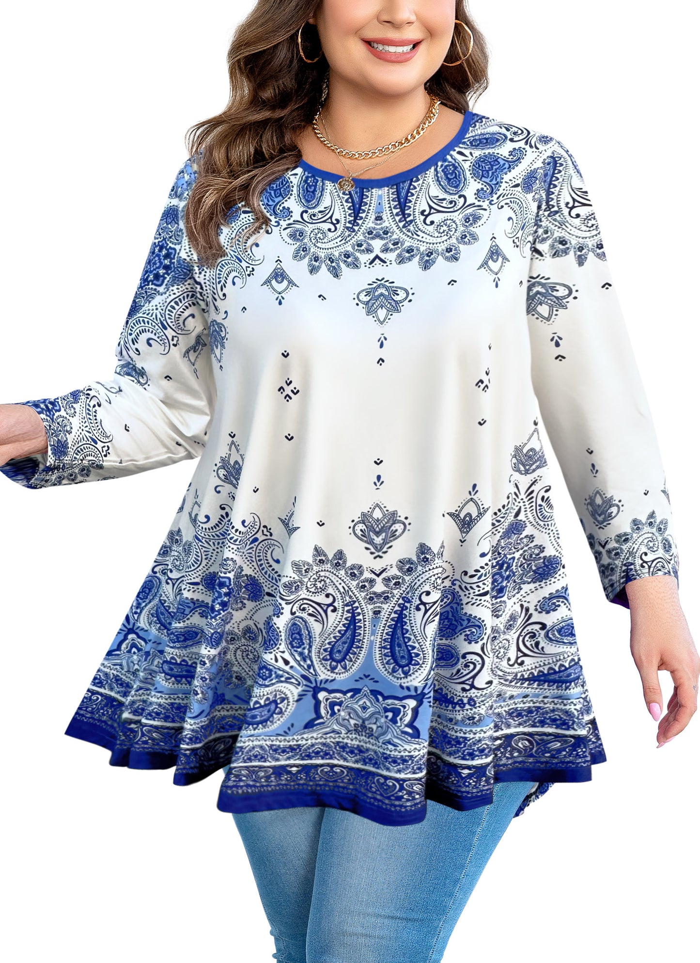 Womens Tunic 3/4 Sleeve Plus Size Tops Crew Neck Swing Flowy Loose Fit T-Shirt Blouses to Wear with Leggings Blue White Floral Tunics Tops