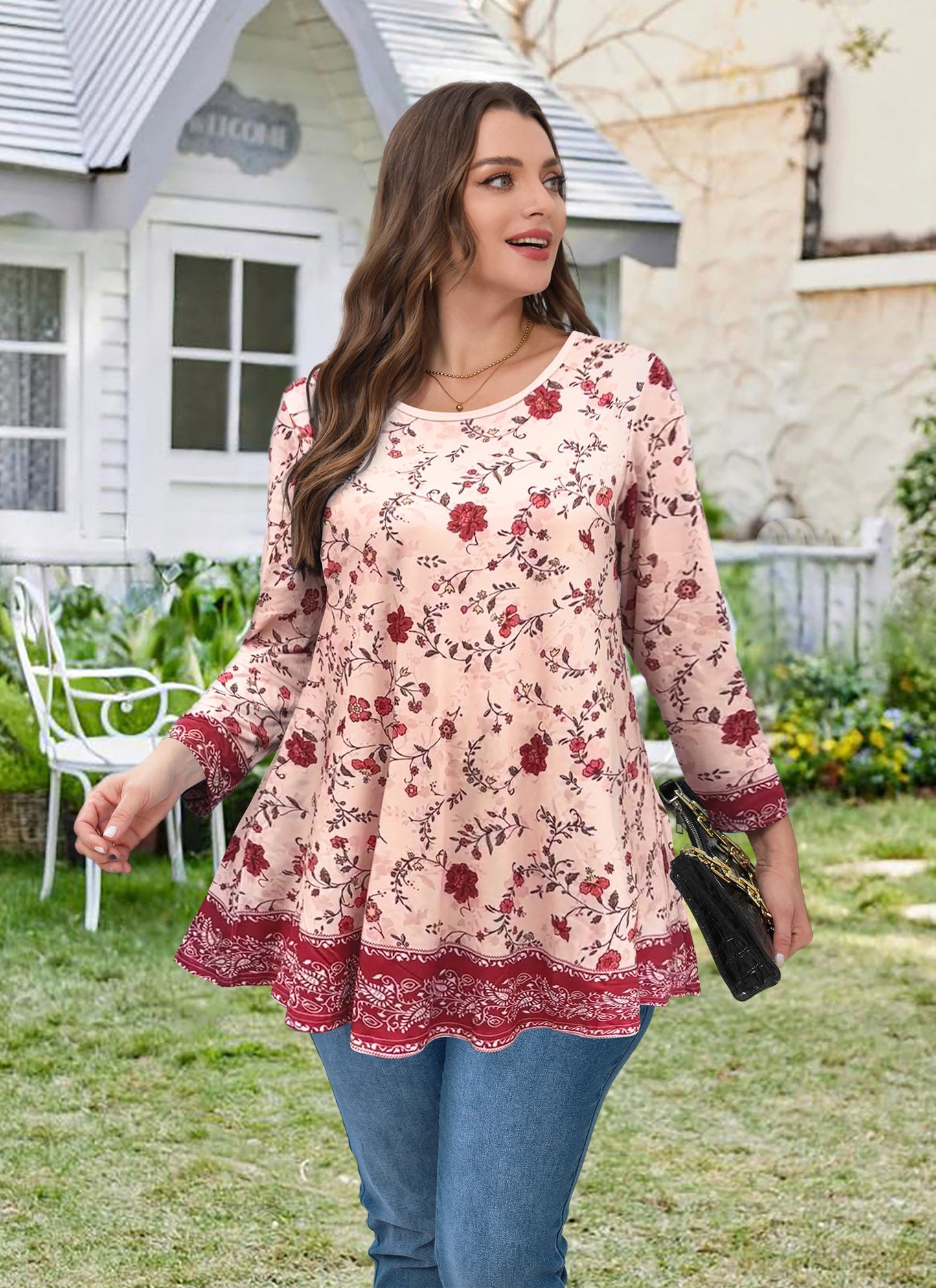 Womens Tunic 3/4 Sleeve Plus Size Tops Crew Neck Swing Flowy Loose Fit T-Shirt Blouses to Wear with Leggings Red Floral Pink Tunic