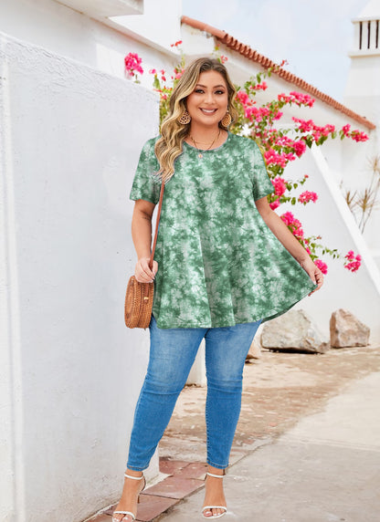 Womens Plus Size Tops Short Sleeve Swing Flare Flowy Tunic Loose Fit Summer Casual Blouses to Wear with Leggings Green Tunic Tie Dye