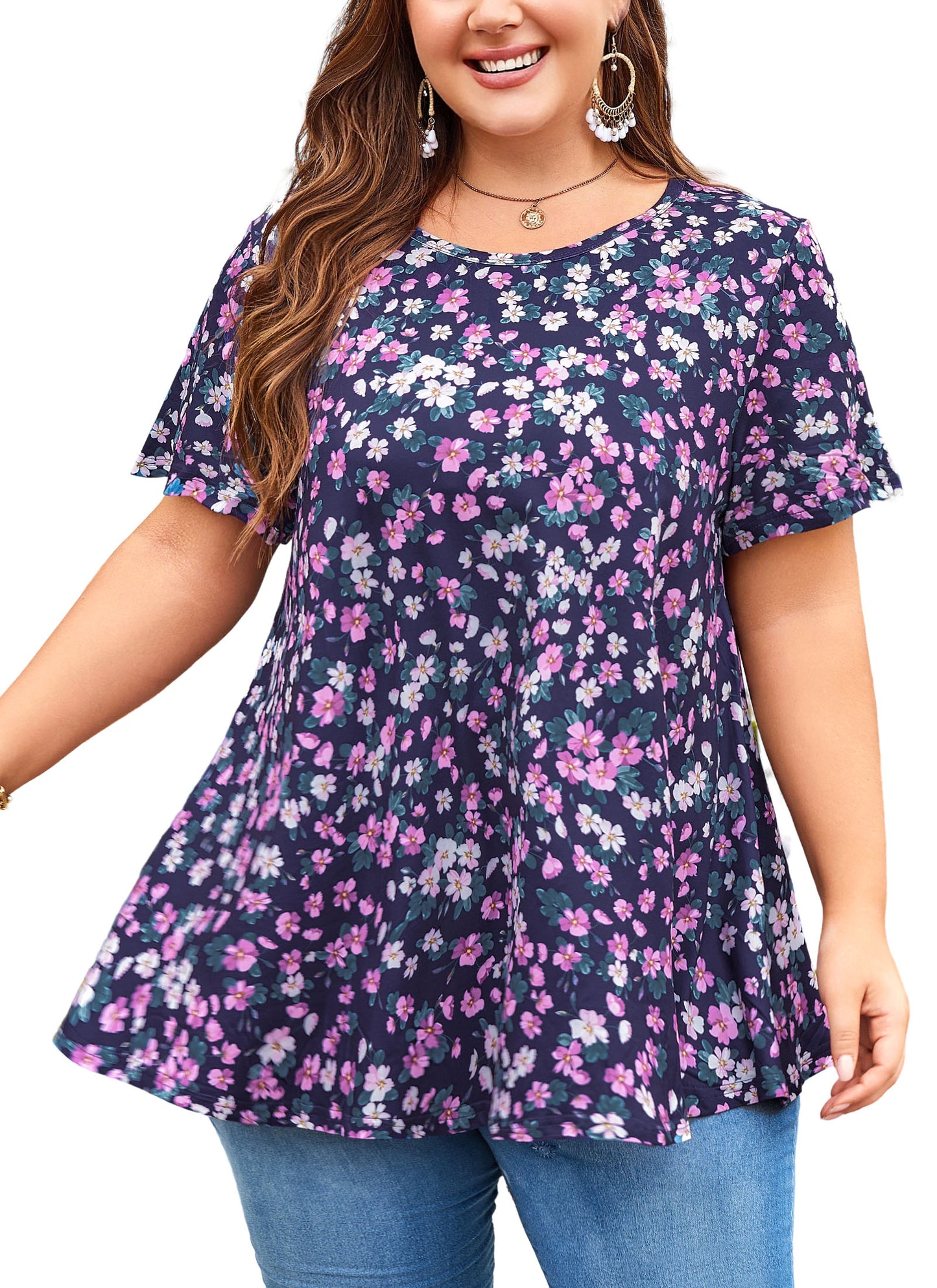 Tunic Tops for Women Plus Size Short Sleeve Crew Neck Swing Flare Loose T-Shirt Blouses to Wear with Leggings  Purple Floral Tunic Navy