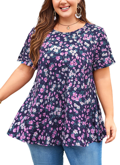 Tunic Tops for Women Plus Size Short Sleeve Crew Neck Swing Flare Loose T-Shirt Blouses to Wear with Leggings  Purple Floral Tunic Navy