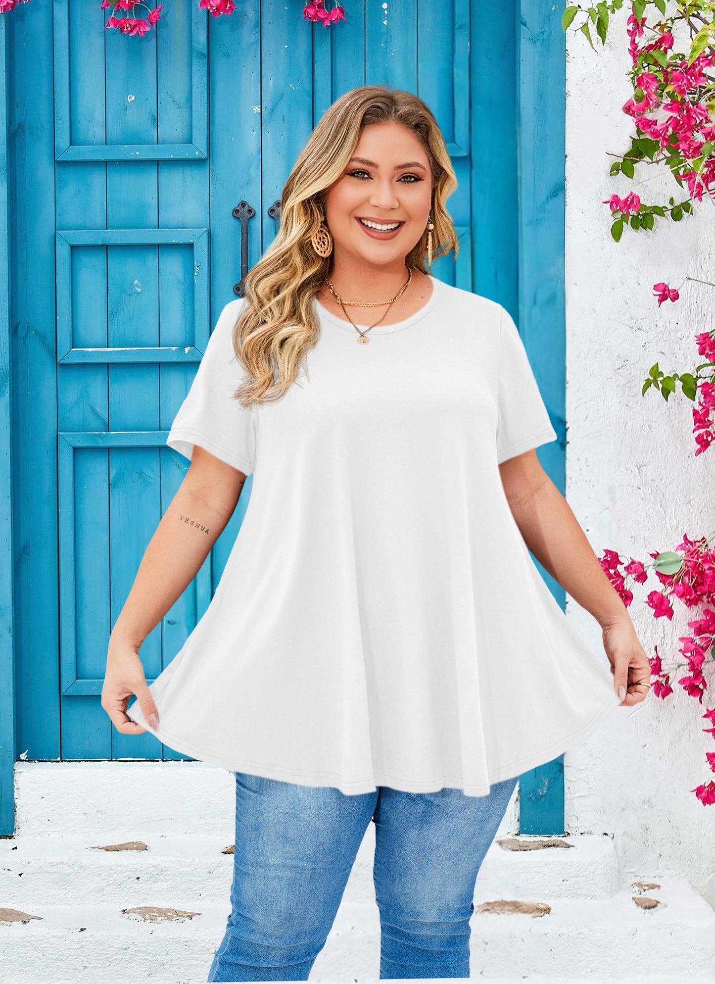 Tunic Tops for Women Plus Size Short Sleeve Crew Neck Swing Flare Loose T-Shirt Blouses to Wear with Leggings B2 SATXW