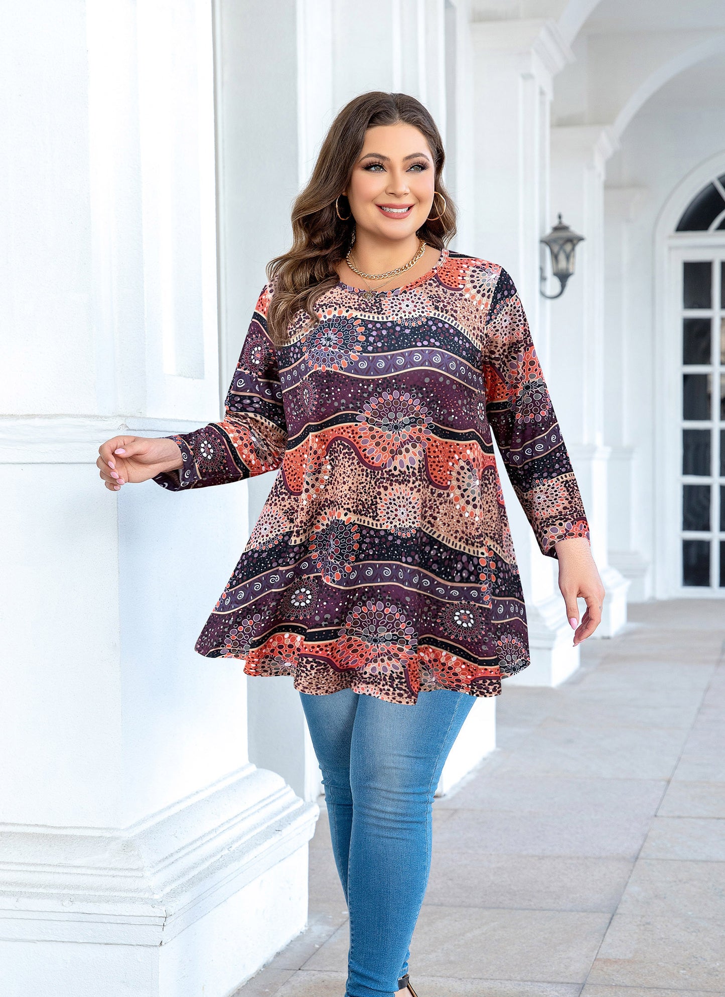 Womens Tunic Tops 3/4 Sleeve Plus Size Crew Neck Swing Flare Loose Fit T-Shirt Blouses to Wear with Leggings