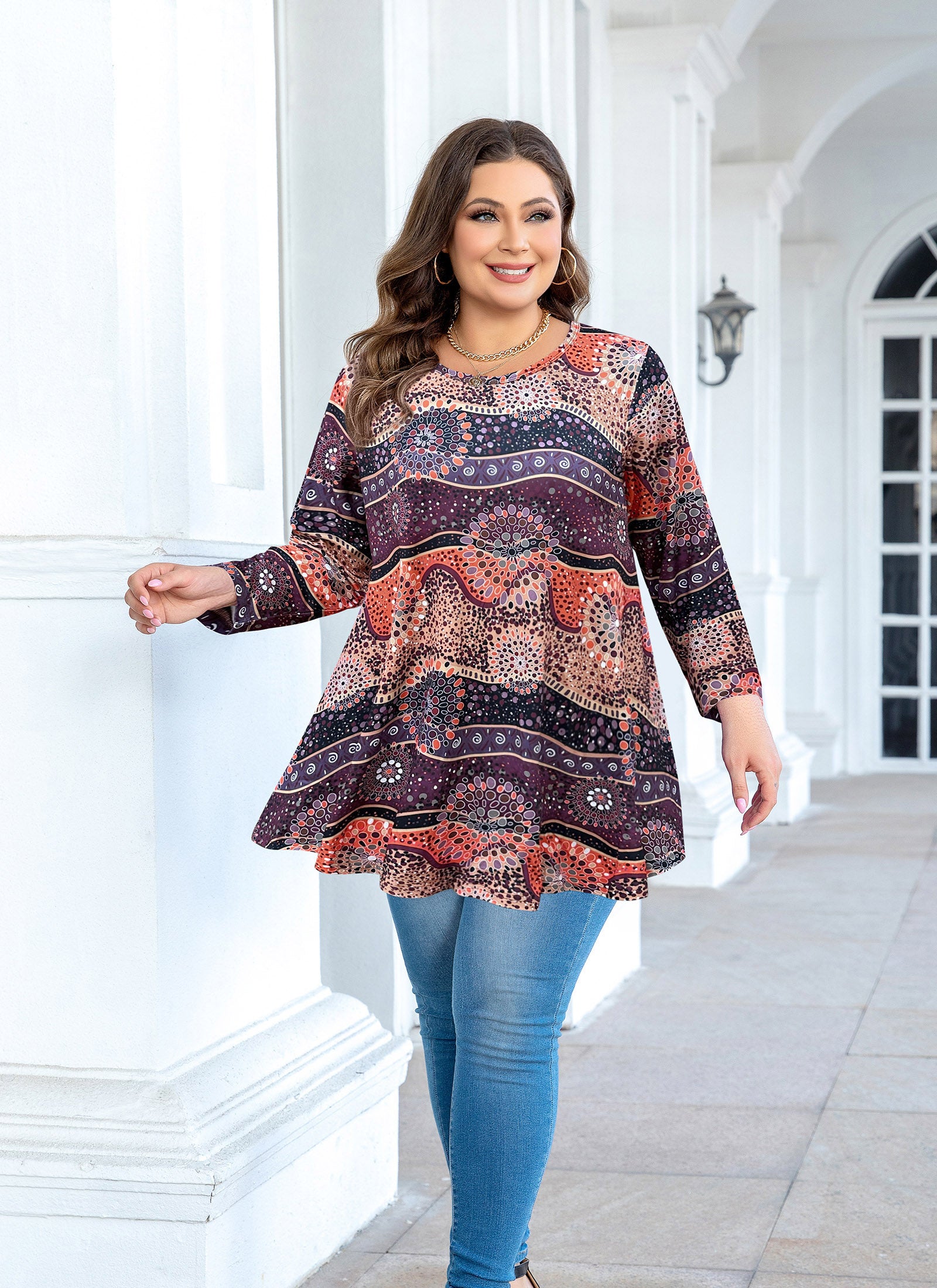 Womens Tunic Tops 3/4 Sleeve Plus Size Crew Neck Swing Flare Loose Fit T-Shirt Blouses to Wear with Leggings