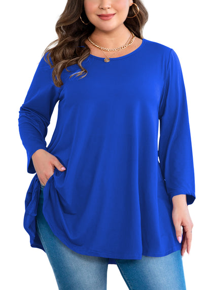 Womens Tunic Tops 3/4 Sleeve Plus Size Crew Neck Swing Flare Loose Fit T-Shirt Blouses to Wear with Leggings Tunic Royal Blue