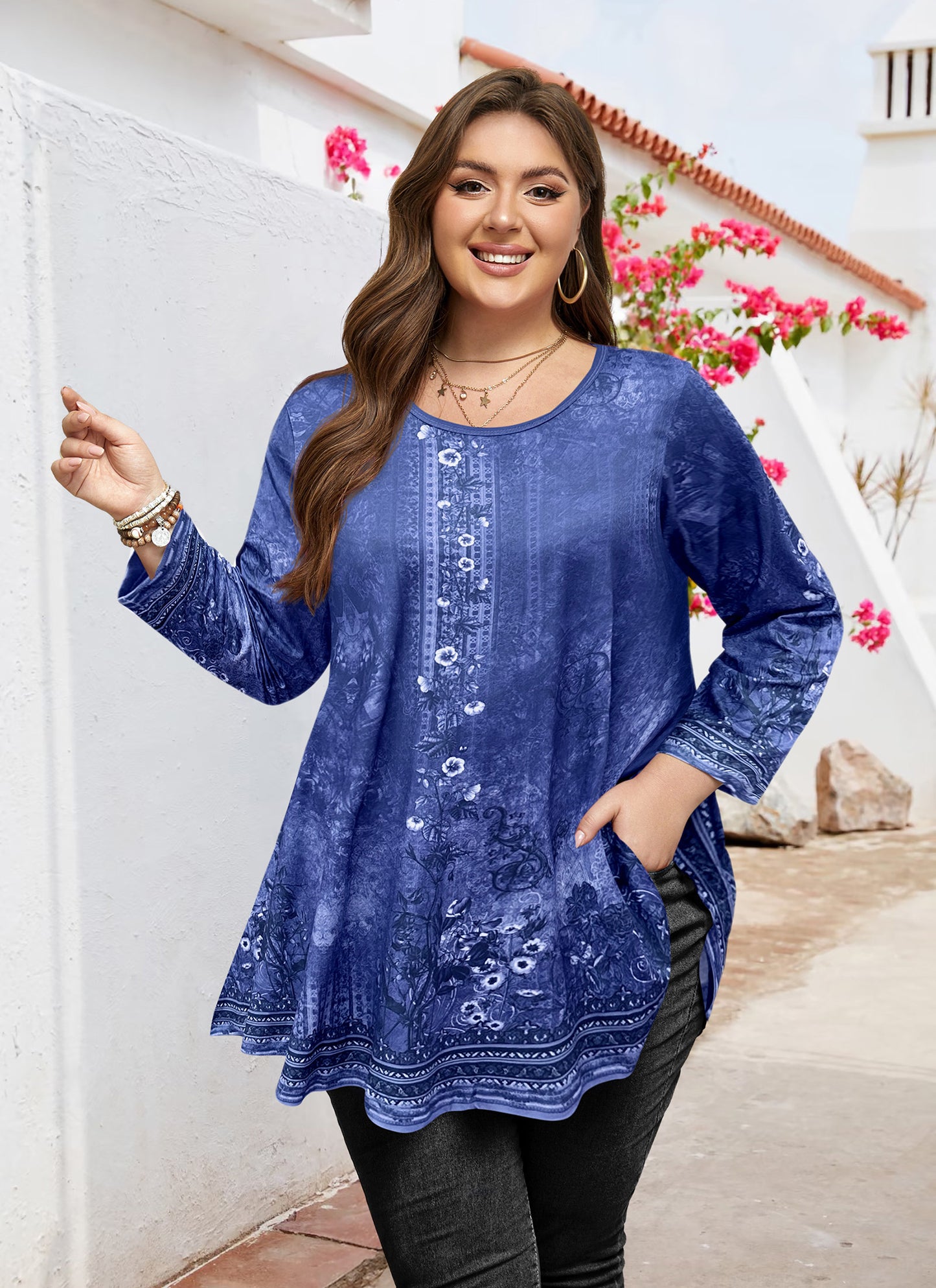 Womens Tunic Tops 3/4 Sleeve Plus Size Crew Neck Swing Flare Loose Fit T-Shirt Blouses to Wear with Leggings Navy Blue Tunics Floral
