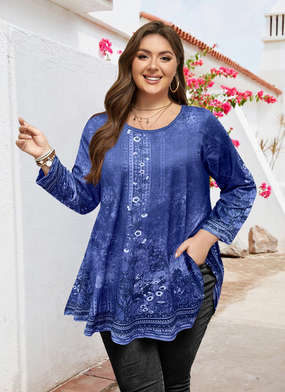 Womens Tunic Tops 3/4 Sleeve Plus Size Crew Neck Swing Flare Loose Fit T-Shirt Blouses to Wear with Leggings Navy Blue Tunics Floral