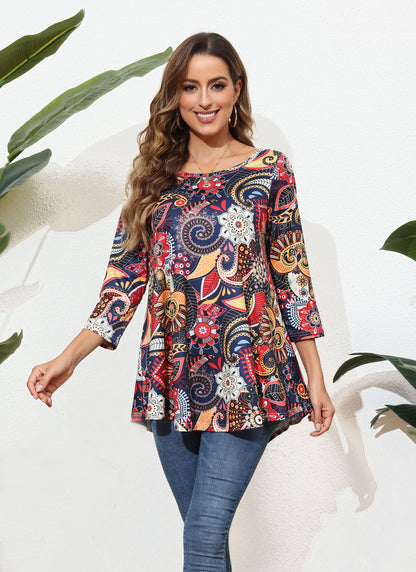 Womens Tunic Tops 3/4 Sleeve Plus Size Crew Neck Swing Flare Loose Fit T-Shirt Blouses to Wear with Leggings Womens Tops Navy Orange Floral