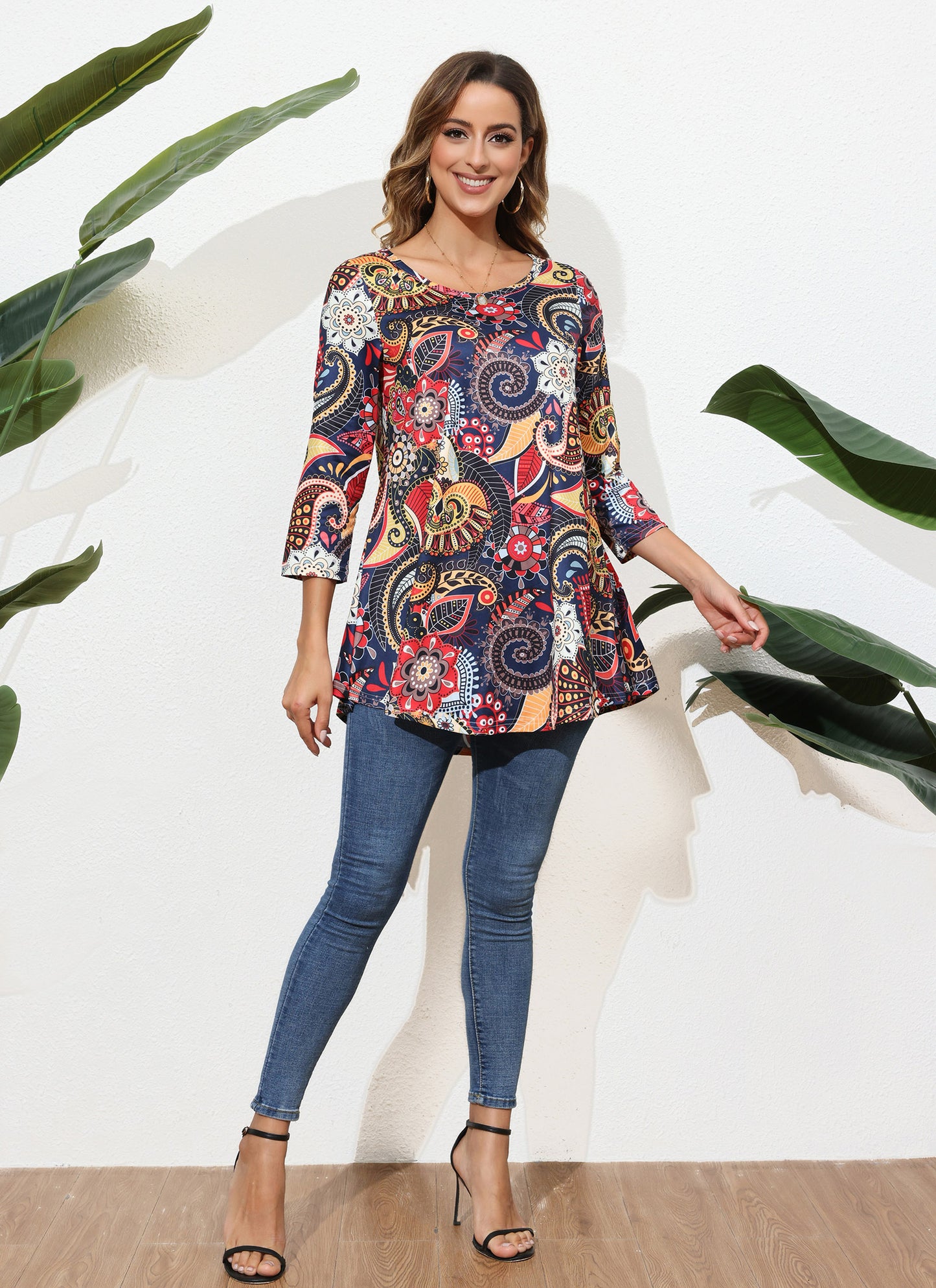 Womens Tunic Tops 3/4 Sleeve Plus Size Crew Neck Swing Flare Loose Fit T-Shirt Blouses to Wear with Leggings Womens Tops Navy Orange Floral
