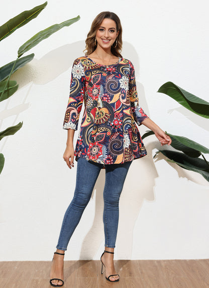 Womens Tunic Tops 3/4 Sleeve Plus Size Crew Neck Swing Flare Loose Fit T-Shirt Blouses to Wear with Leggings Womens Tops Navy Orange Floral