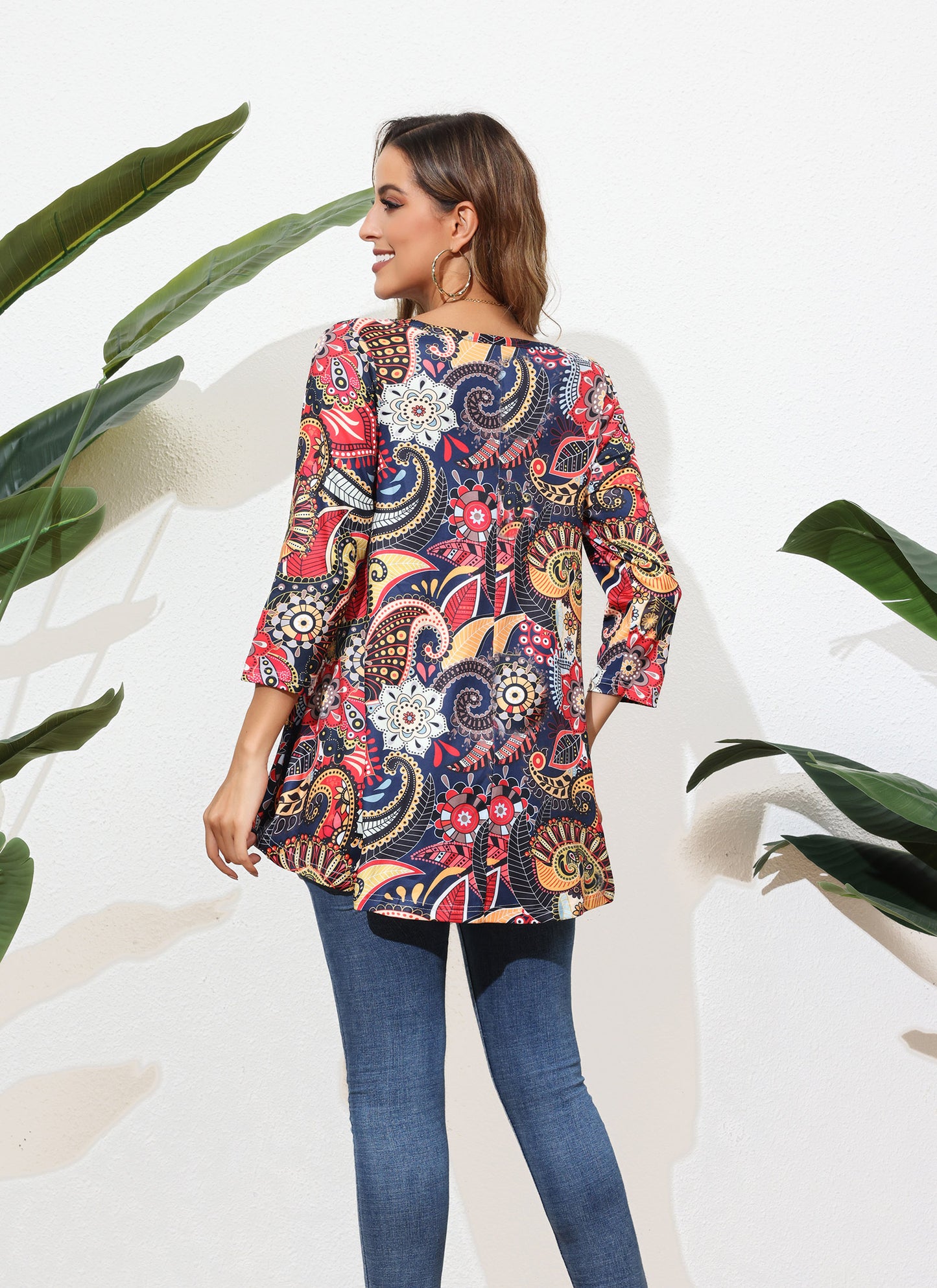 Womens Tunic Tops 3/4 Sleeve Plus Size Crew Neck Swing Flare Loose Fit T-Shirt Blouses to Wear with Leggings Womens Tops Navy Orange Floral