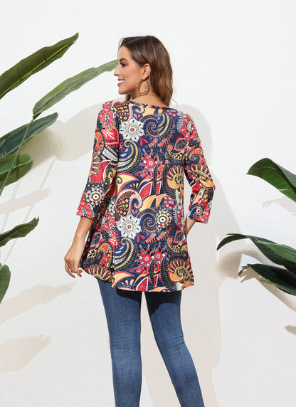 Womens Tunic Tops 3/4 Sleeve Plus Size Crew Neck Swing Flare Loose Fit T-Shirt Blouses to Wear with Leggings Womens Tops Navy Orange Floral