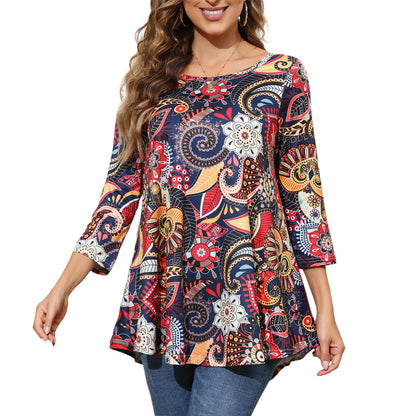 Womens Tunic Tops 3/4 Sleeve Plus Size Crew Neck Swing Flare Loose Fit T-Shirt Blouses to Wear with Leggings Womens Tops Navy Orange Floral