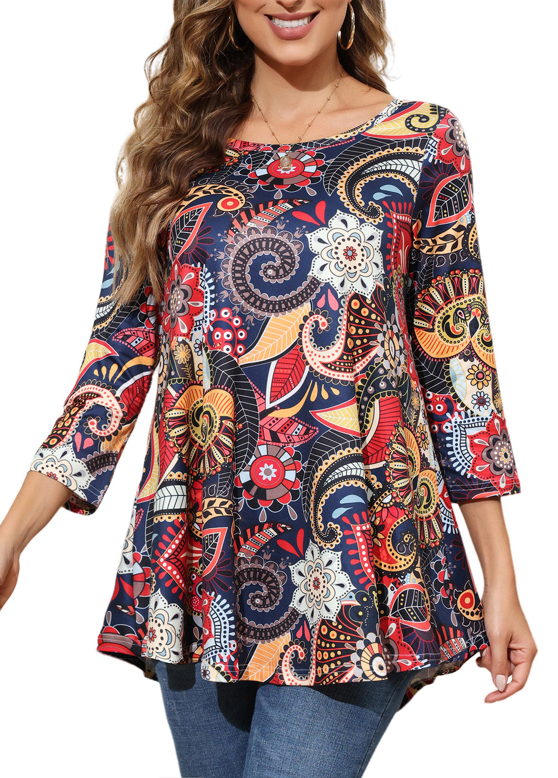 Womens Tunic Tops 3/4 Sleeve Plus Size Crew Neck Swing Flare Loose Fit T-Shirt Blouses to Wear with Leggings Womens Tops Navy Orange Floral