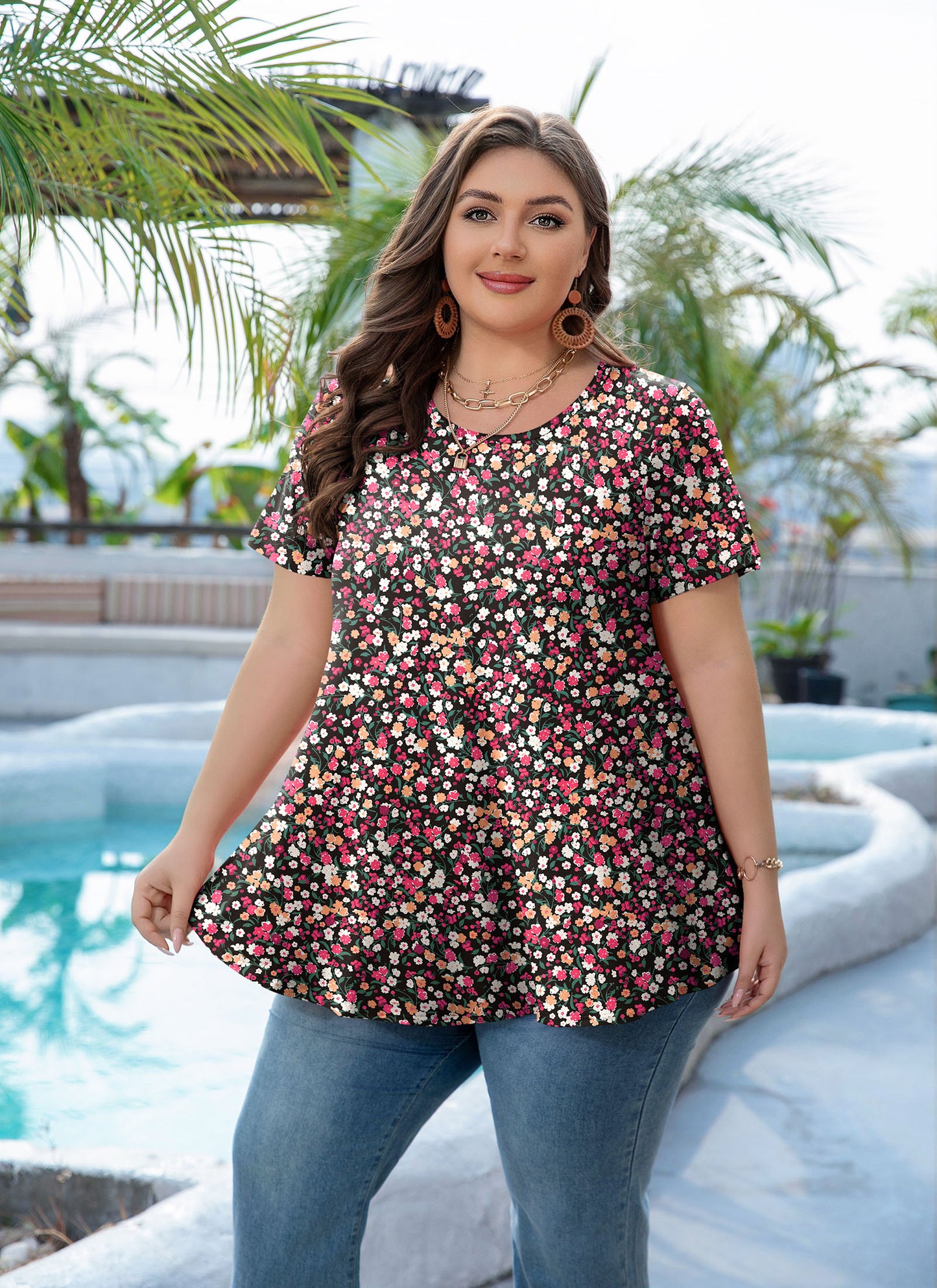 Womens Plus Size Tops Short Sleeve Swing Flare Flowy Tunic Loose Fit Summer Casual Blouses to Wear with Leggings Pink Floral Tunic