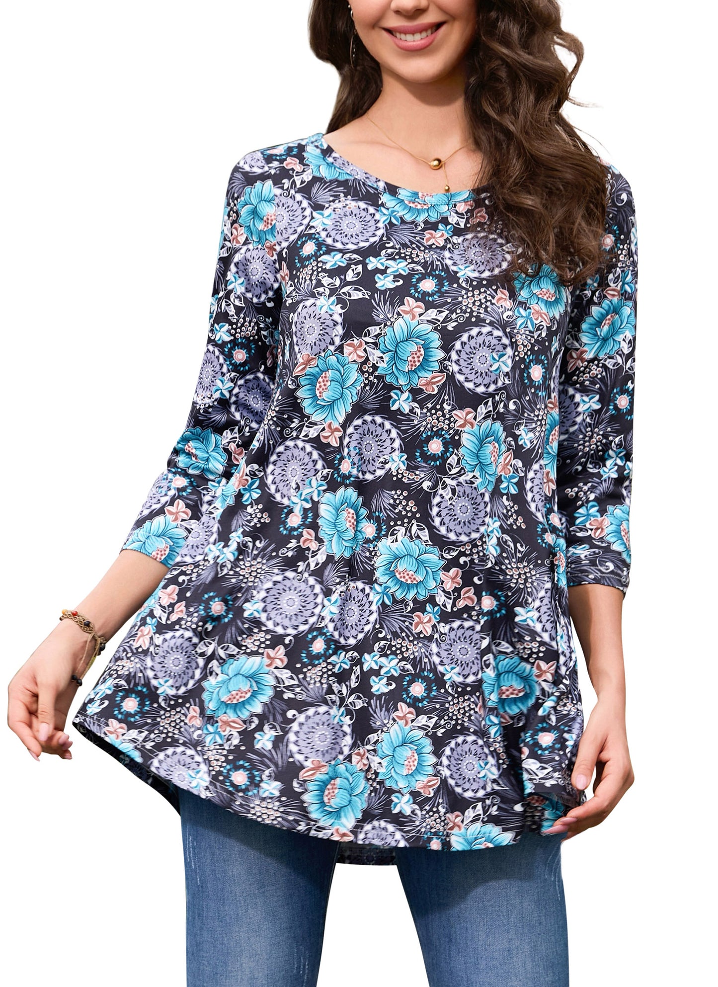 Womens Tunic Tops 3/4 Sleeve Plus Size Crew Neck Swing Flare Loose Fit T-Shirt Blouses to Wear with Leggings Tunic Black White Aqua Floral