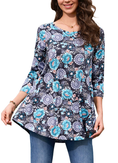 Womens Tunic Tops 3/4 Sleeve Plus Size Crew Neck Swing Flare Loose Fit T-Shirt Blouses to Wear with Leggings Tunic Black White Aqua Floral