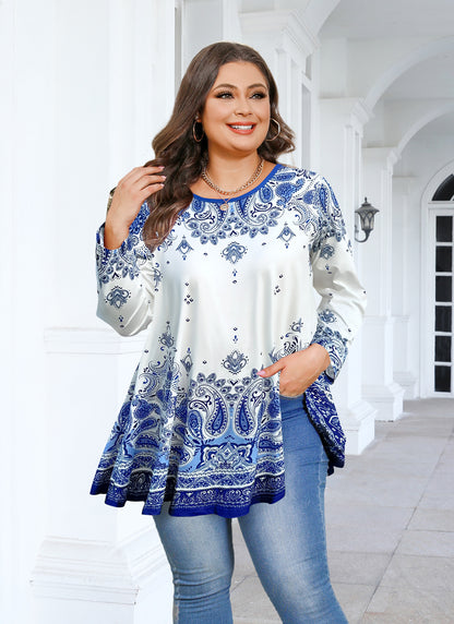 Womens Tunic 3/4 Sleeve Plus Size Tops Crew Neck Swing Flowy Loose Fit T-Shirt Blouses to Wear with Leggings Blue White Floral Tunics Tops