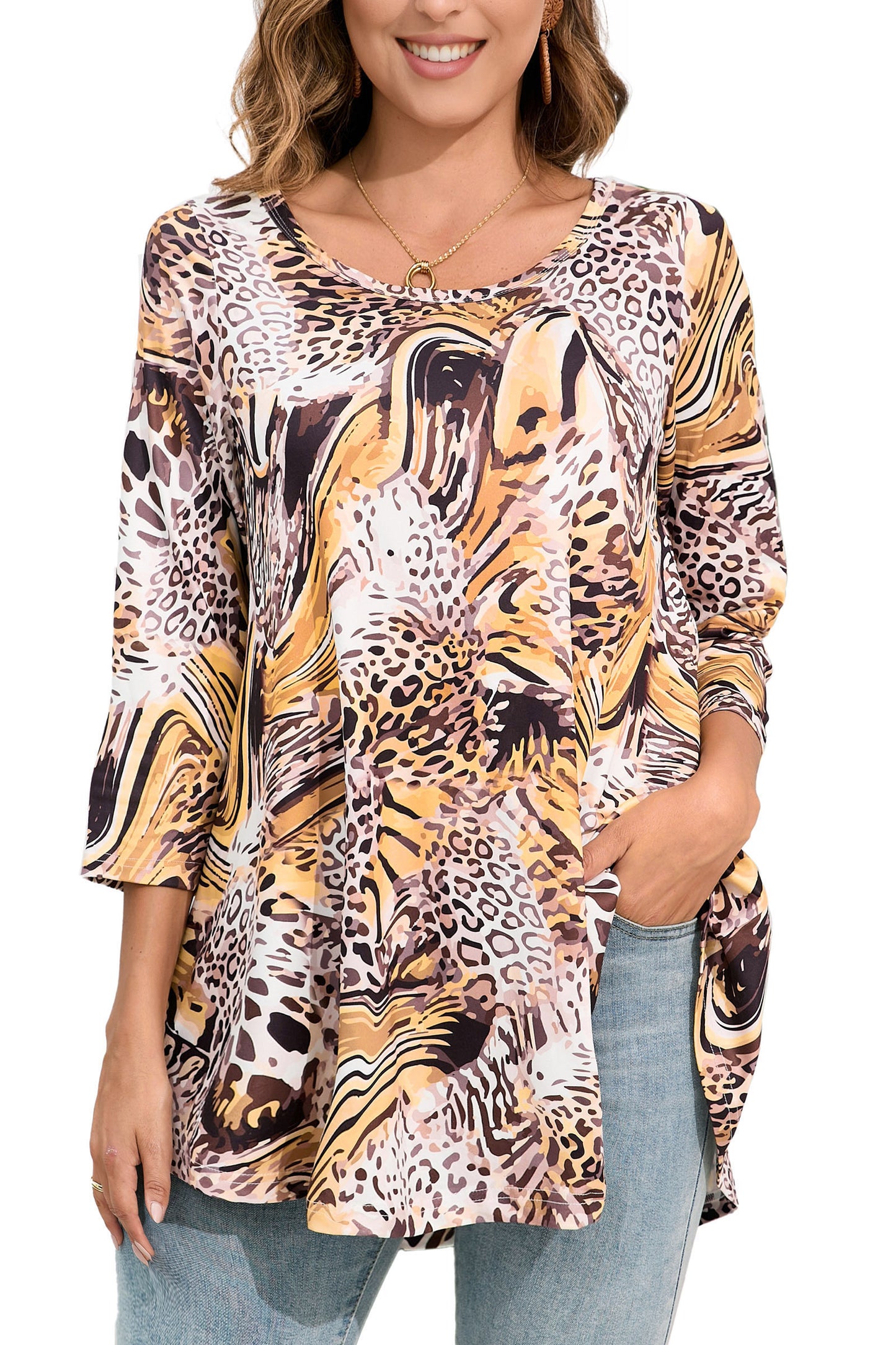 Womens Tunic Tops 3/4 Sleeve Plus Size Crew Neck Swing Flare Loose Fit T-Shirt Blouses to Wear with Leggings Tunic Tops Yellow Black Printed
