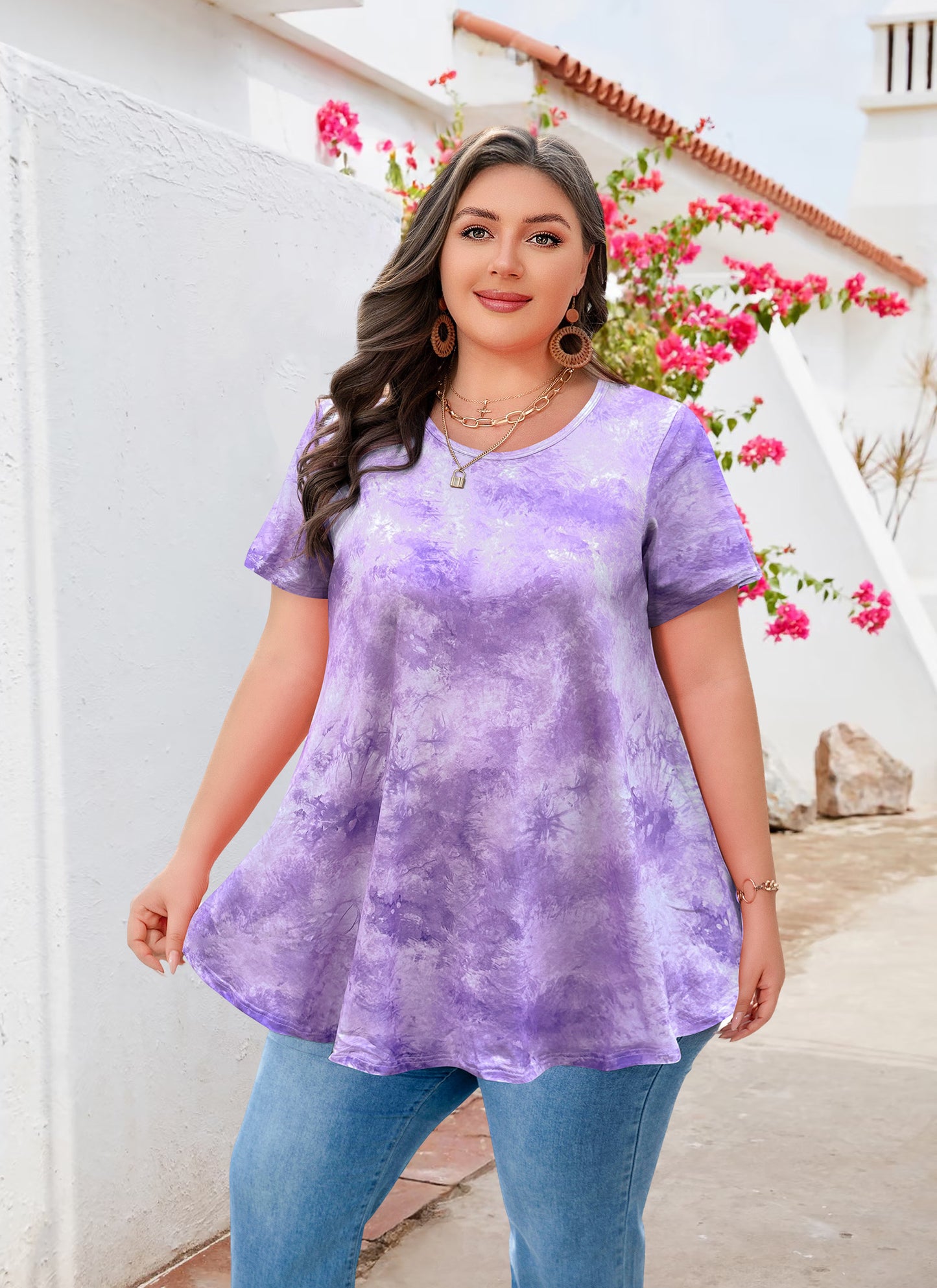 Tunic Tops for Women Plus Size Short Sleeve Crew Neck Swing Flare Loose T-Shirt Blouses to Wear with Leggings Lavender Tunic Tie Dye