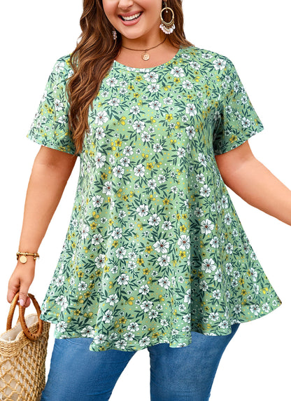 Womens Plus Size Tops Short Sleeve Swing Flare Flowy Tunic Loose Fit Summer Casual Blouses to Wear with Leggings Sage Green Floral Tops