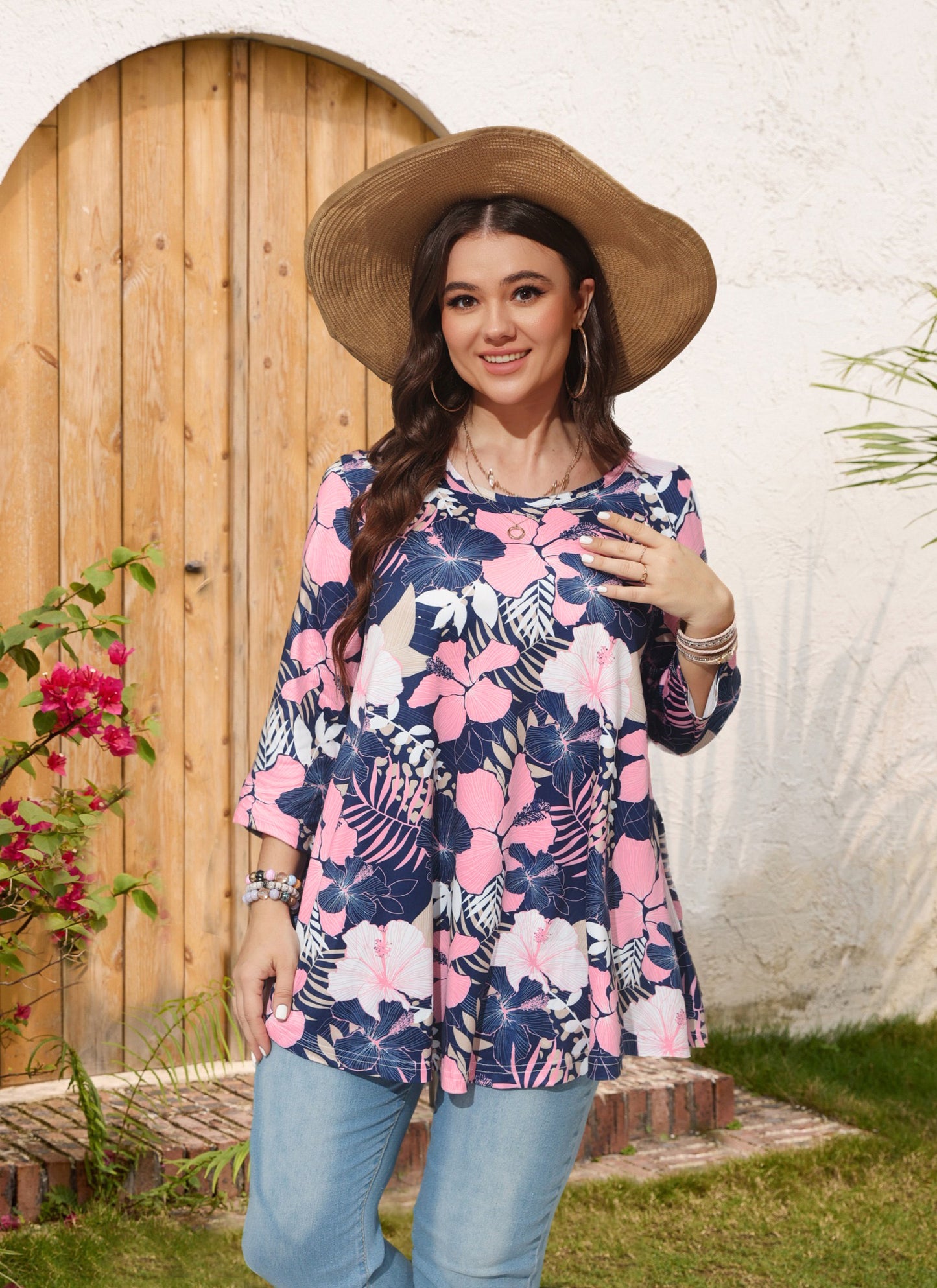 Womens Tops - Plus Size Tunics 3/4 Sleeve Loose Fit Dressy Casual Long Swing Flowy Lady Blouses Shirts Wear with Leggings Teals Blue Clothing A13 SATPF2