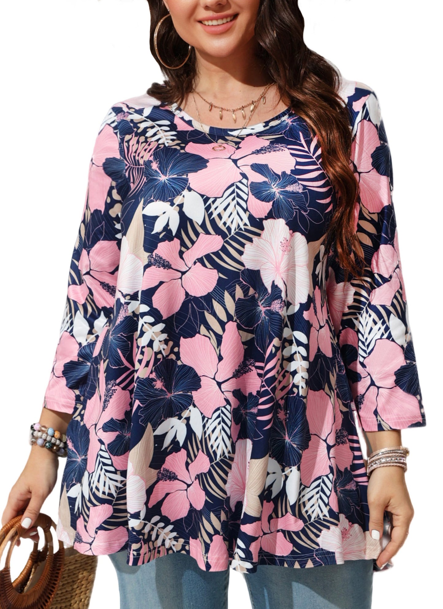 Womens Tops - Plus Size Tunics 3/4 Sleeve Loose Fit Dressy Casual Long Swing Flowy Lady Blouses Shirts Wear with Leggings Teals Blue Clothing A13 SATPF2