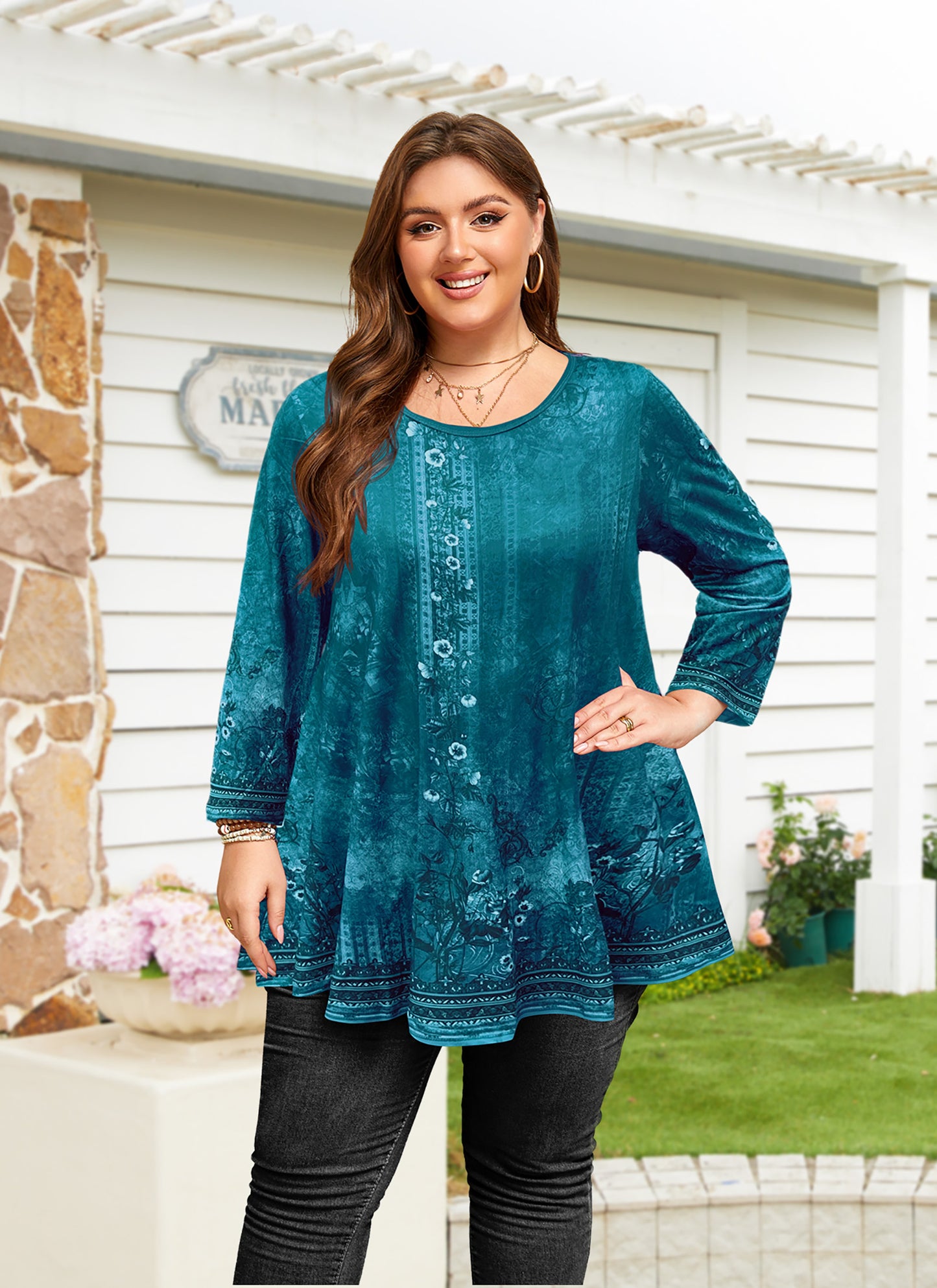Womens Tunic 3/4 Sleeve Plus Size Tops Crew Neck Swing Flowy Loose Fit T-Shirt Blouses to Wear with Leggings Teals Floral Tunics