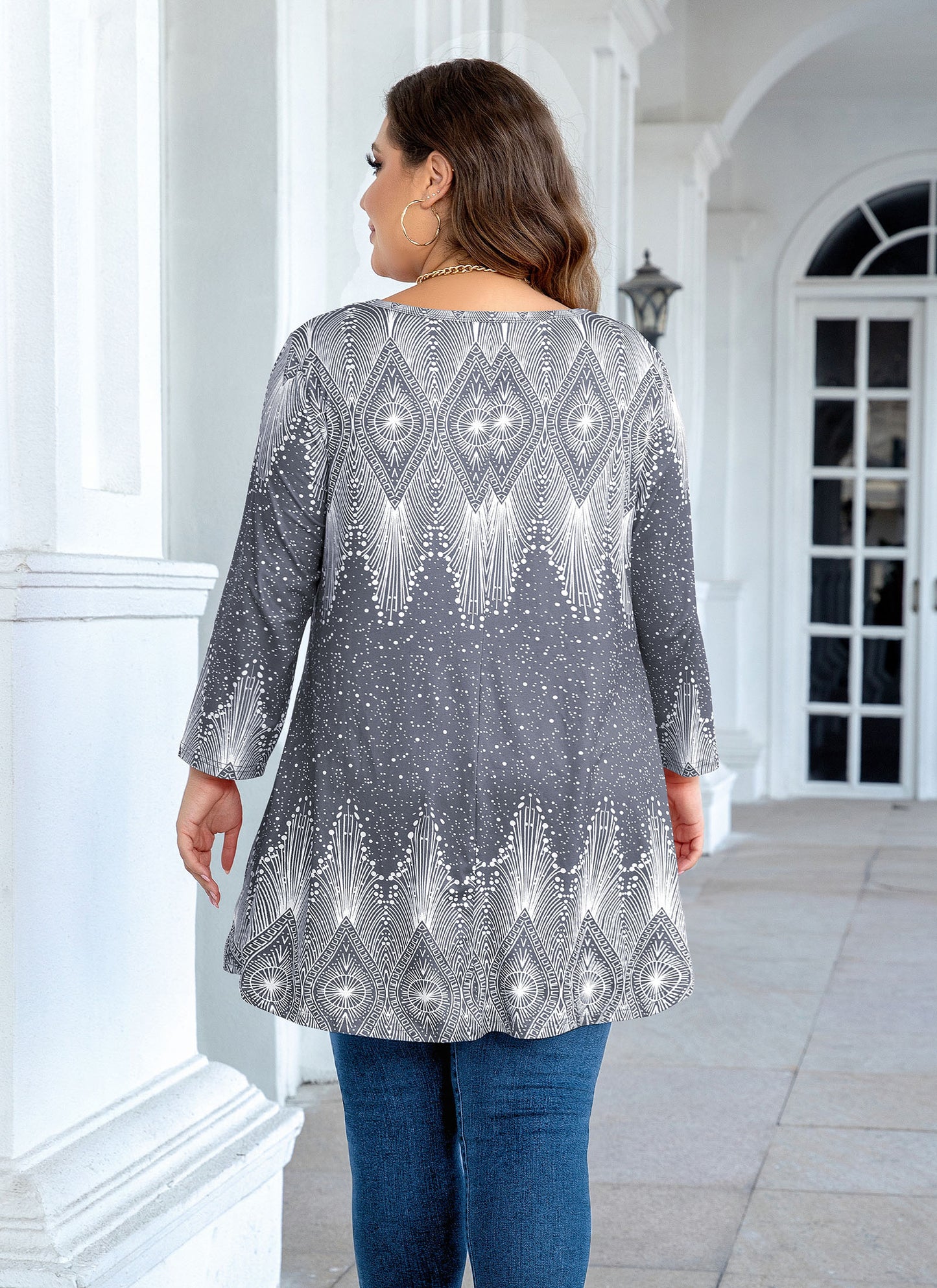 Womens Tunic Tops 3/4 Sleeve Plus Size Crew Neck Swing Flare Loose Fit T-Shirt Blouses to Wear with Leggings Grey Tunic